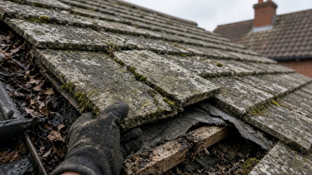 Broken roof tiles exposing a rotten timber batten